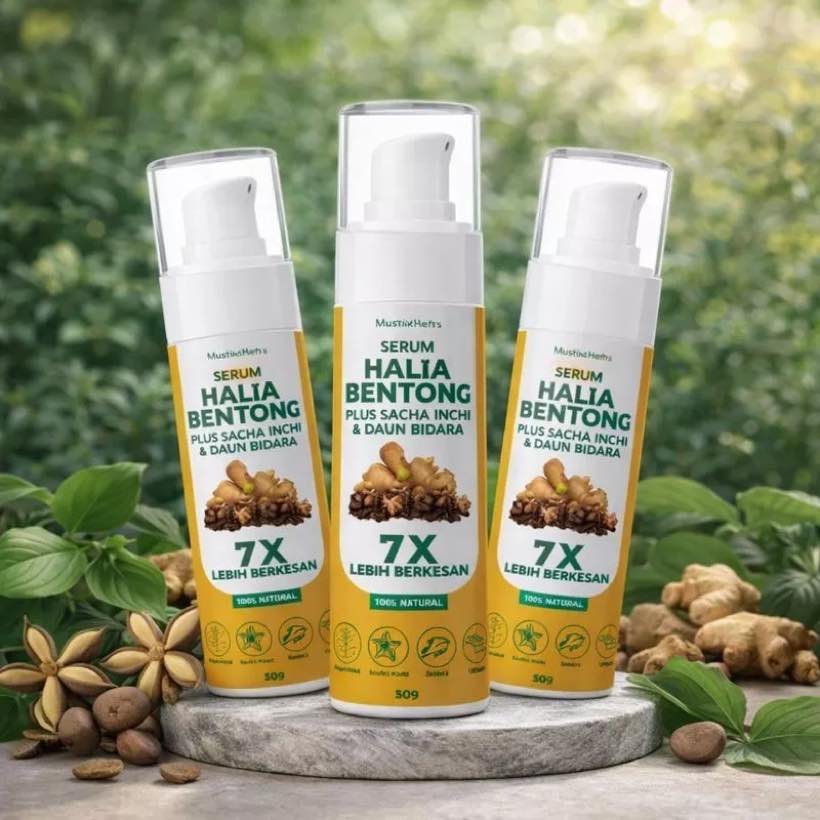 Serum Halia Bentong bottles among fresh ginger and botanicals