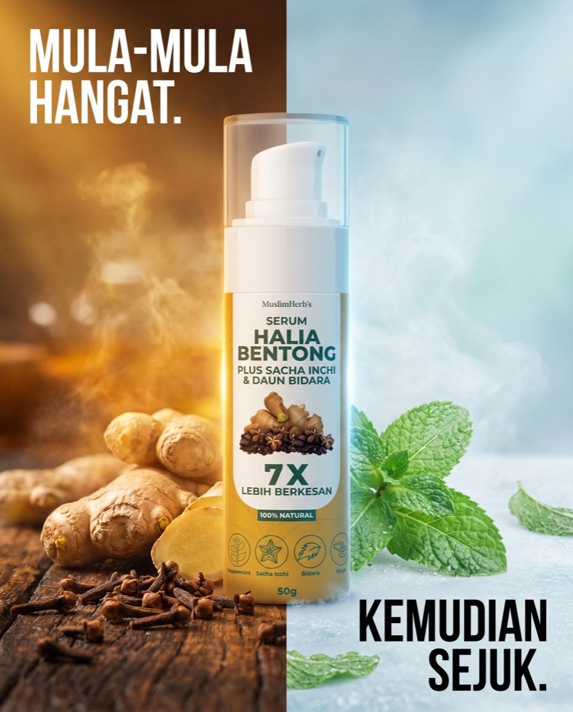 Warm ginger on one side, cool mint on the other, with the serum bottle between them