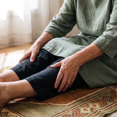 Someone seated on the floor rubbing their lower legs