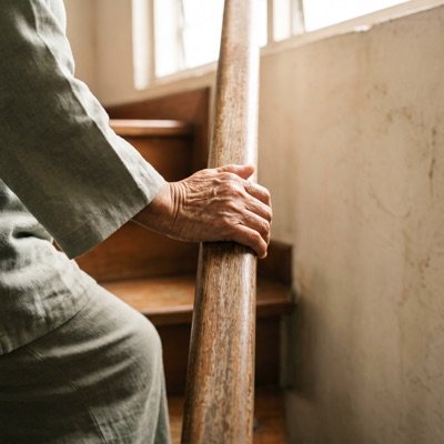 A hand gripping a stair handrail for support
