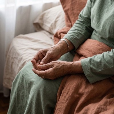 An older woman easing pins and needles from her fingers